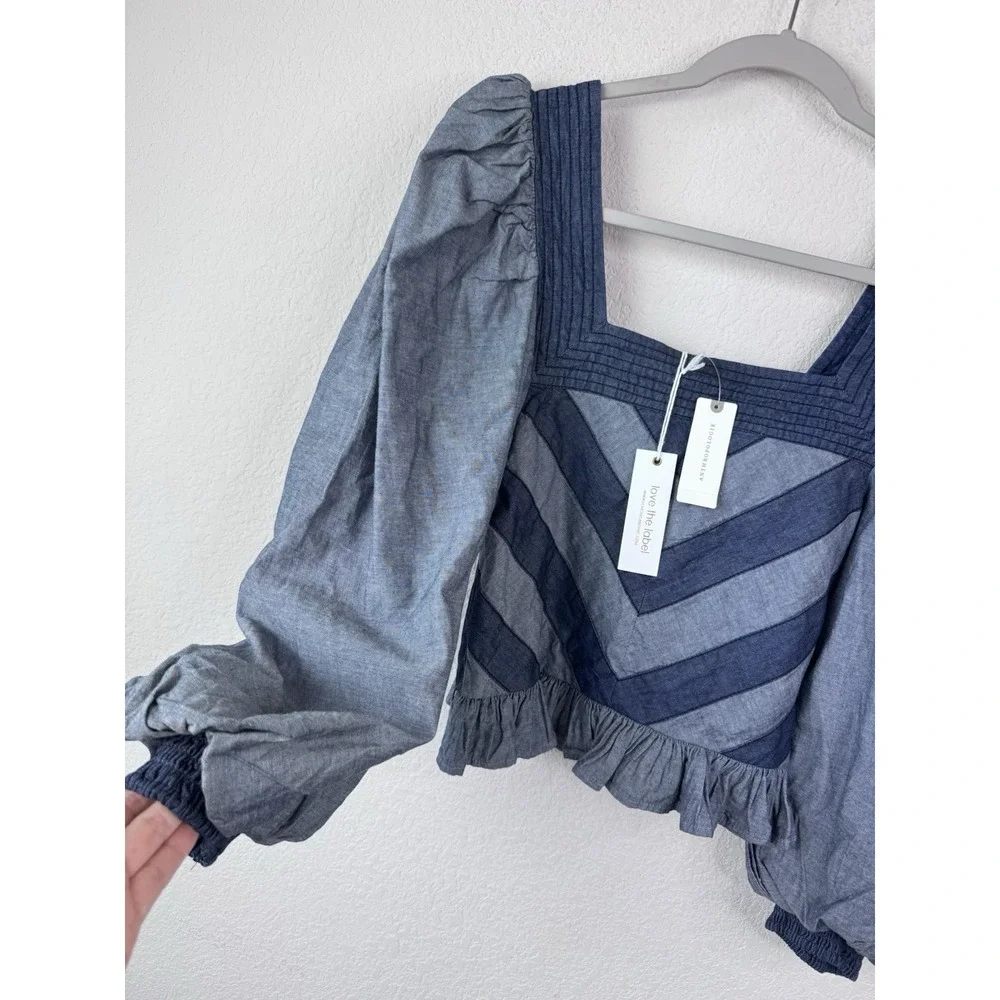 Anthropologie x‎ Love the Label Smocked Puff-Sleeve Blouse Top S Denim Blue Boho - Picture 5 of 12
